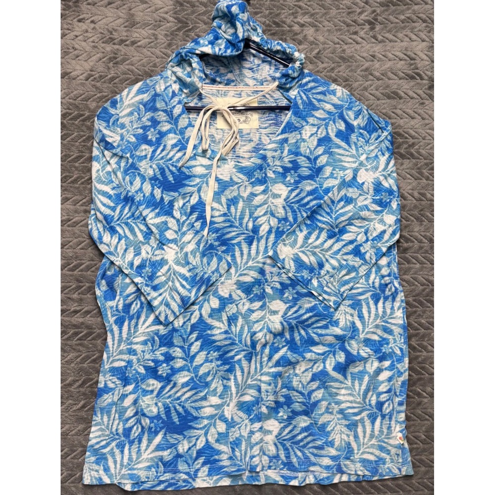 Margaritaville Blue Tropical Leaf Print Lightweight V-Neck Hoodie Size M (1607)